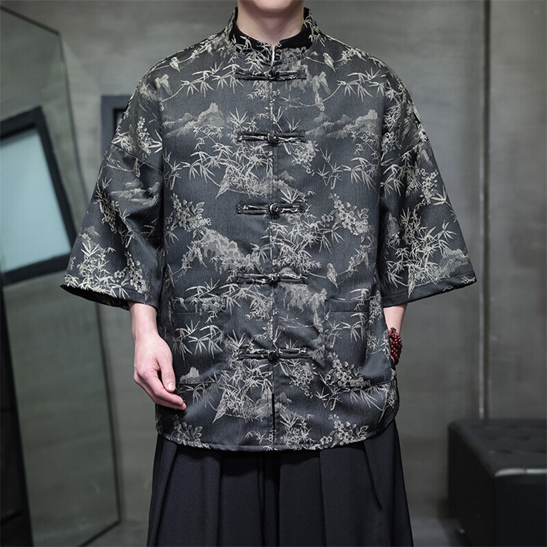 现货男士大码休闲新中式风格提花短袖衬衫T2561-P65,男装衬衫,电商A021