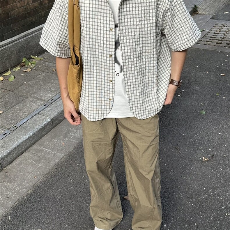 夏季新款日系复古小众格子短袖衬衫男女休闲宽松小众设计感衬衣潮,男装T恤,星座1210-1