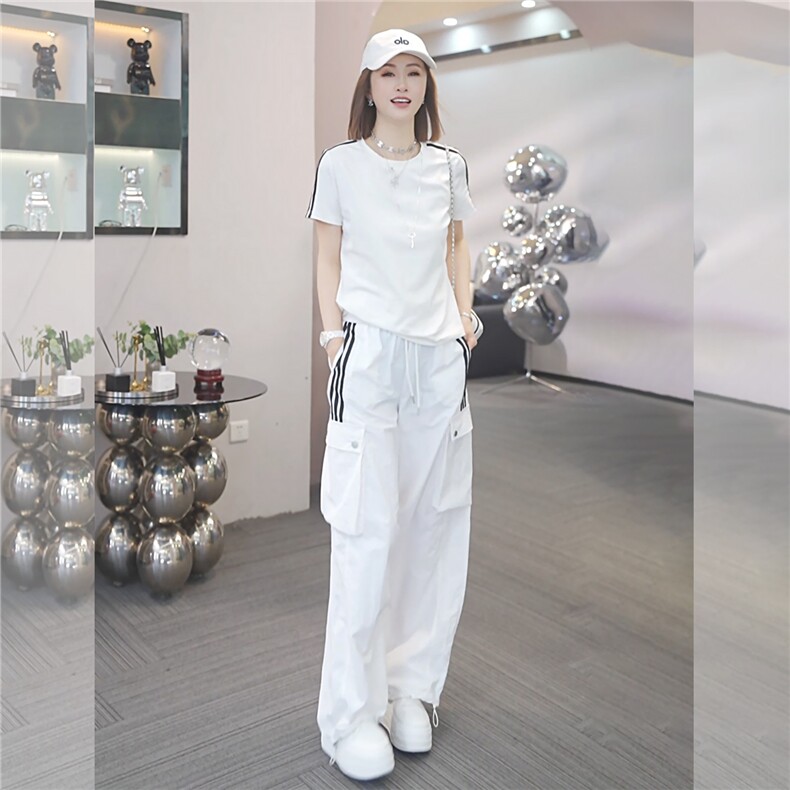 女夏季高级感休闲运动套装圆领收腰短袖上衣休闲束脚长裤两件套潮,女装套装/套裙,江南