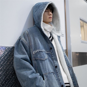 A609 P130 冬季男士连帽羊羔毛加厚保暖牛仔夹克棉衣外套潮图片