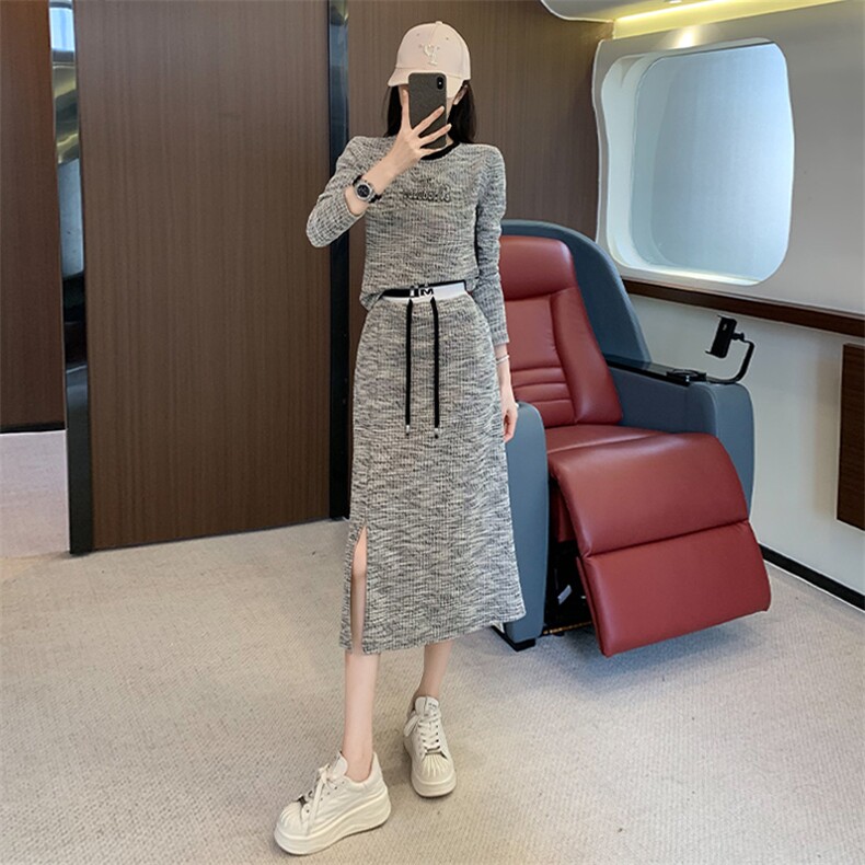 女秋季新款港风洋气显瘦卫衣开叉半身裙两件套，女装套装/套裙，江南