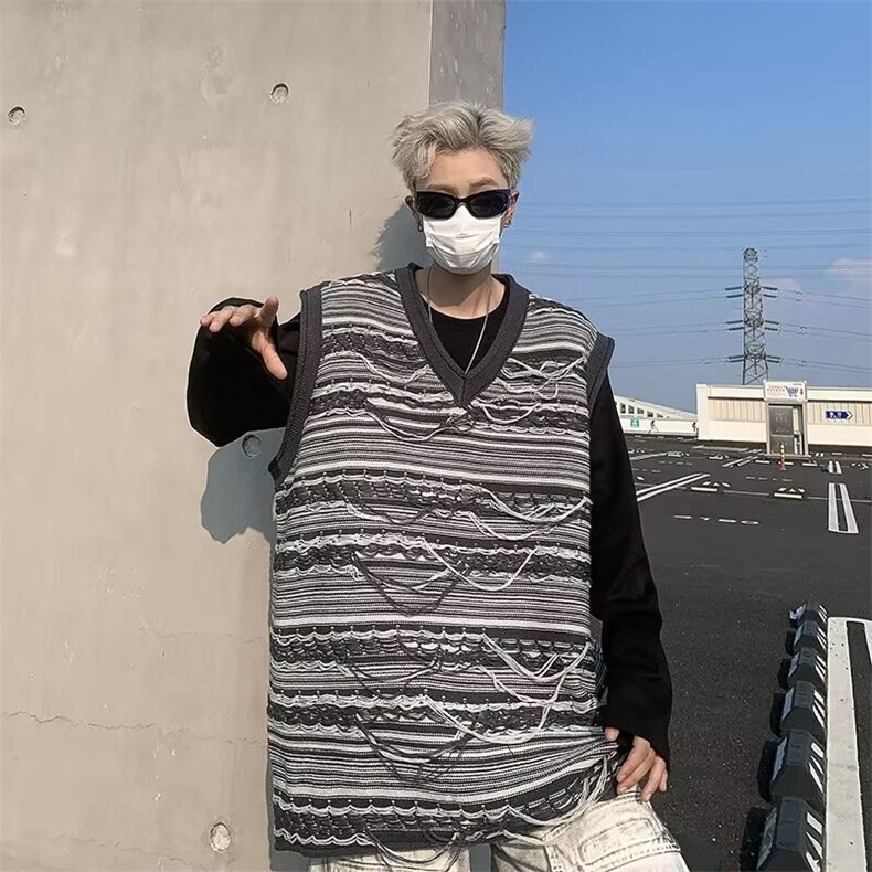 破坏感流苏毛衣男女v领慵懒风设计感情侣马甲针织衫秋冬MZ439-P45,男装针织衫/毛衣,星座412-3