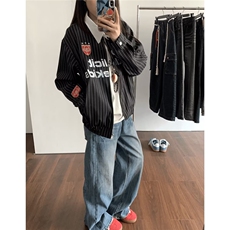 潮条纹撞色短款外套男女美式复古2024初秋新款情侣夹克上衣，男装衬衫，星座506A