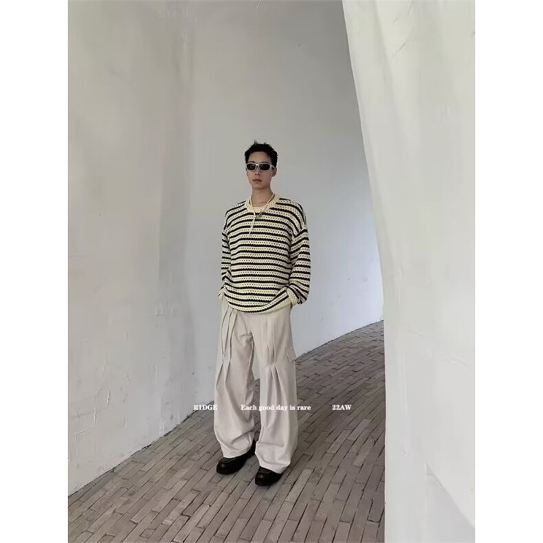 秋季复古镂空撞色条纹针织衫男设计感韩版慵懒风网红高级感打底衫,男装T恤,星座506A