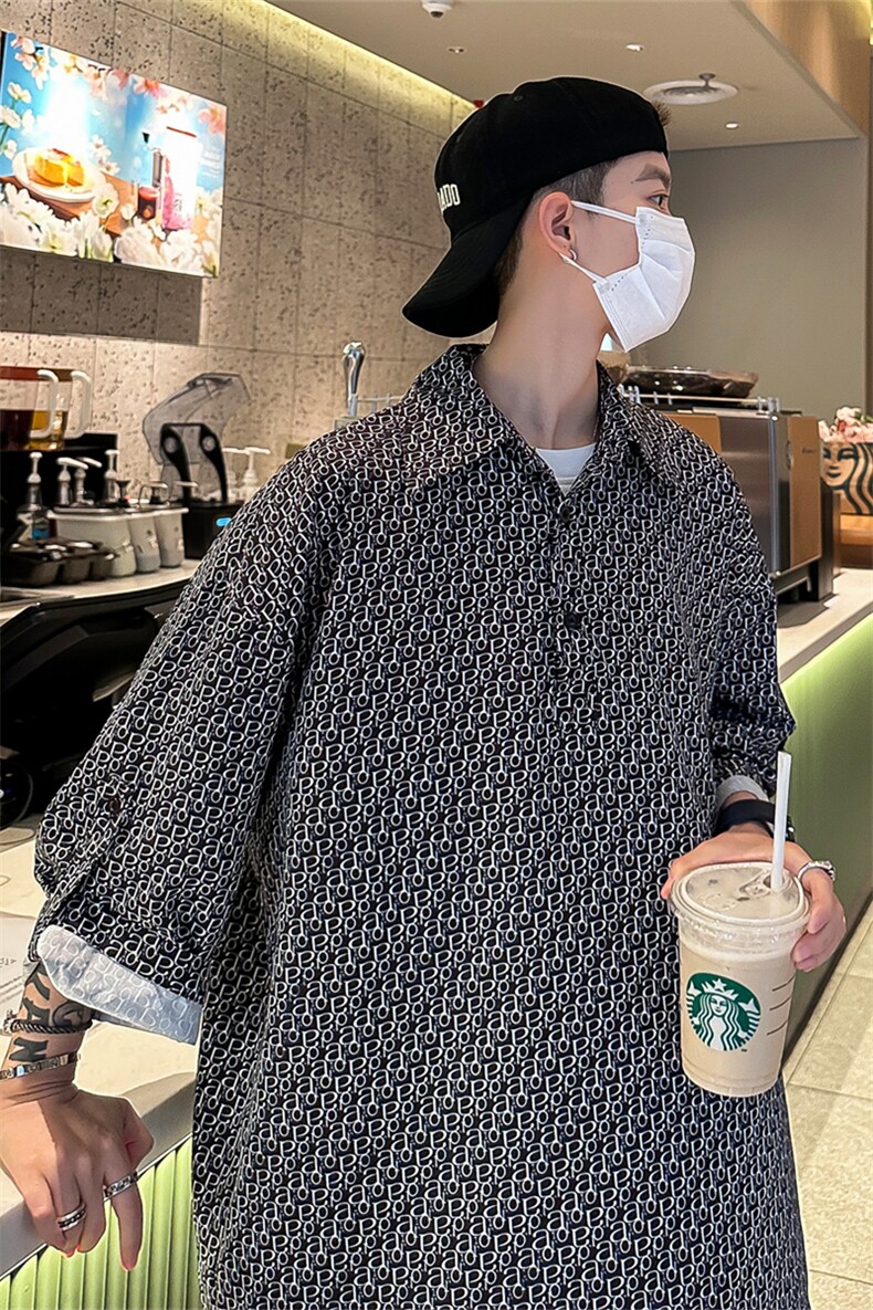 C8075/P35新款夏季冰丝宽松印花五分袖衬衣男大码潮个性衬衫上衣,男装衬衫,电商A141