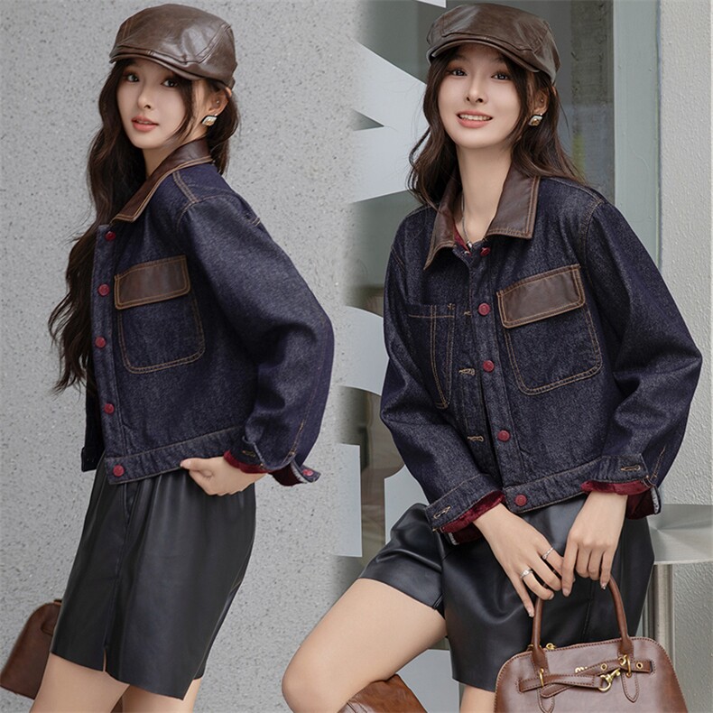 安可拉红牛仔外套女高级感撞色上衣2024秋冬加绒加厚PU皮拼接夹克，女装牛仔外套，美拉德工厂直营店