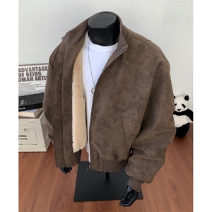 大码扎染皮扎染荔枝皮兔毛棉衣pu皮衣外套cleanfit棒球服棉衣MF88图片