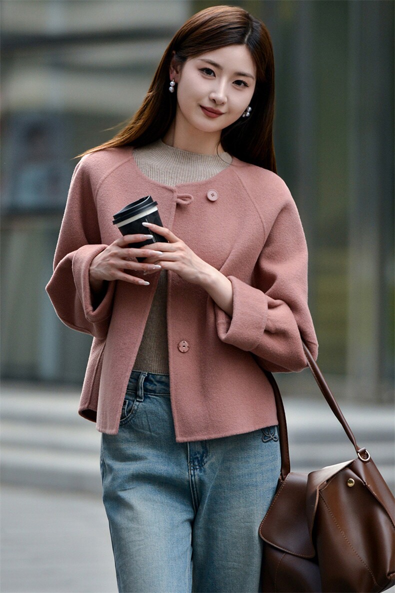 2025年秋季通勤长袖圆领插肩袖短款双面呢羊毛大衣，女装双面呢大衣，森墨