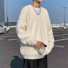 日系慵懒风V领套头针织衫男秋冬季复古纯色宽松休闲毛线衣7358，男装针织衫/毛衣，星座506