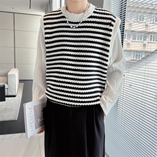 2025秋条纹针织背心坎肩宽松无袖外搭叠穿马甲M63/P40特，男装背心/马甲，电商A243