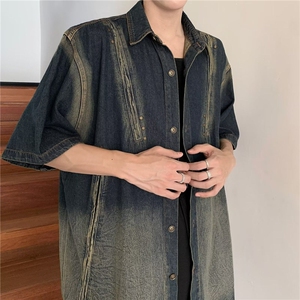 DM990-特P65拼接撞色牛仔衬衫男短袖夏季潮牌衬衣高级感痞帅外套