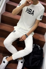 青春流行夏季常规圆领几何图案套装薄款运动修身型青年套头，男装套装，星座1506-1