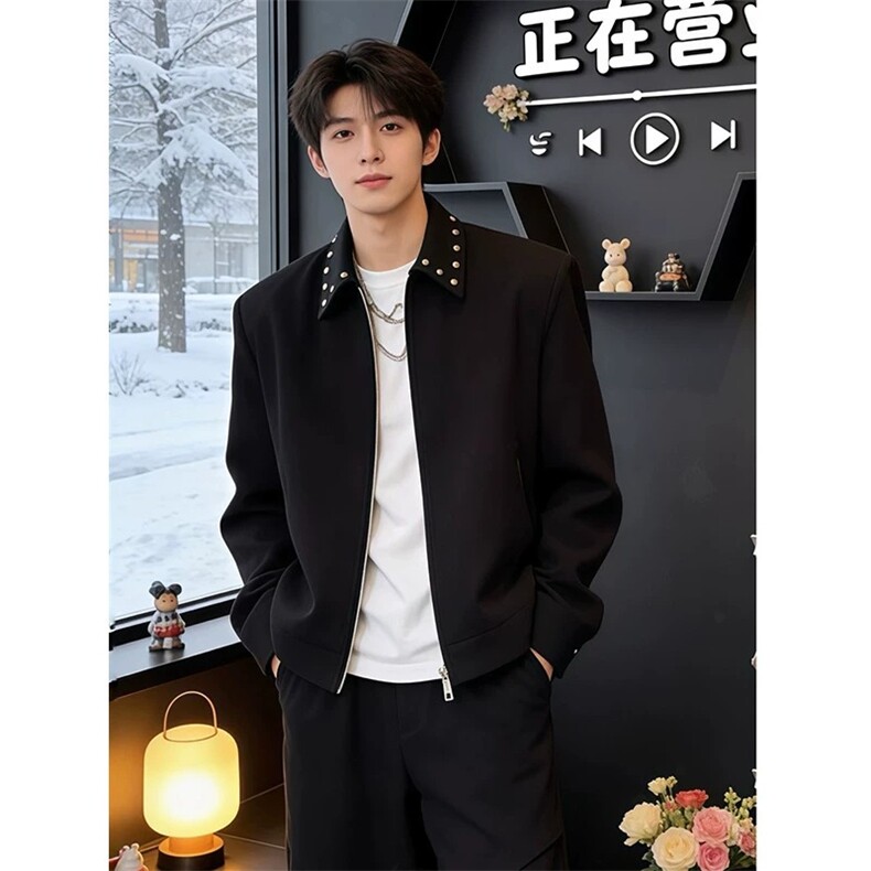 cleanfit黑色铆钉飞行夹克男秋季高级感痞帅短款垫肩休闲西服外套,男装夹克,星座506A