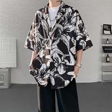 8XL-M冰丝凉感衬衣垂感透气复古花纹宽松男五分袖短袖衬衫CS526，男装T恤，电商D206-1