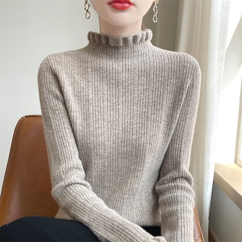 荷叶边高领设计感小众秋冬新款半高领毛衣女加厚保暖羊毛打底衫，女装羊毛衫，盛鼎羊绒