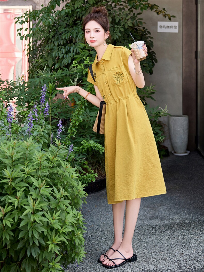 高级感刺绣翻领连衣裙女2025夏季新款减龄气质收腰显瘦休闲衬衫裙,女装连衣裙,意芙
