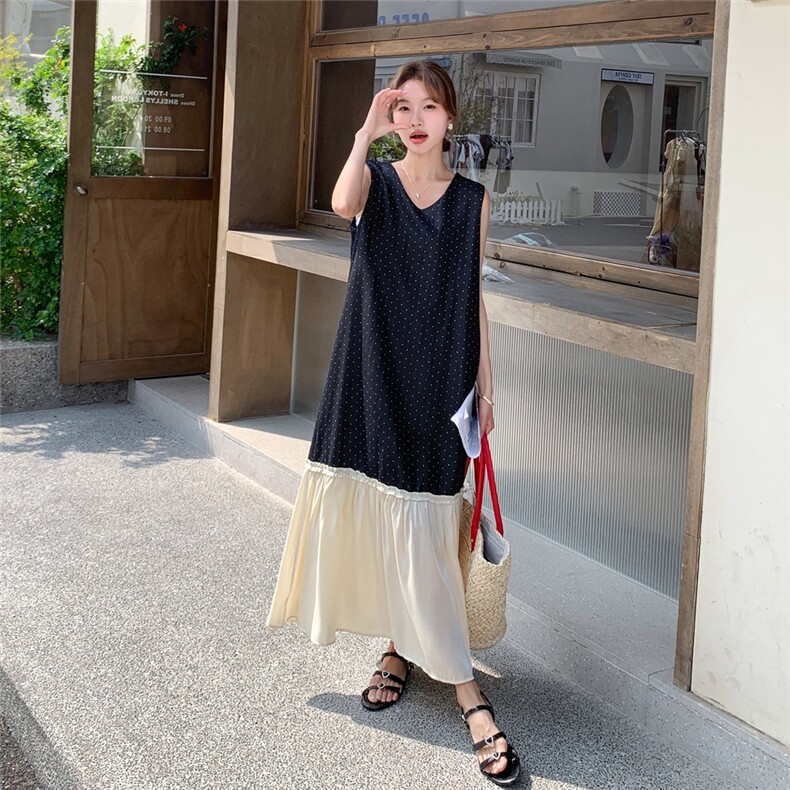 假两件波点拼接无袖背心连衣裙女夏2025新款小个子显瘦温柔风长裙,女装连衣裙,2C050