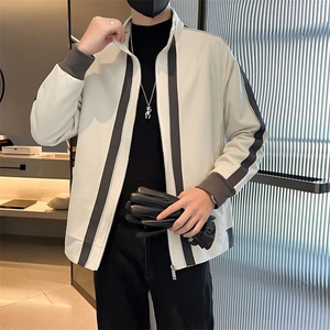 立领运动外套男2023秋季新款拼接撞色上衣开衫JK006P65,深咖啡色毛衣搭配裤子好看图片