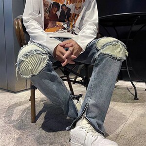 牛仔裤男夏季潮大码休闲裤子高街设计感裤子弹力布KJ01P48图片