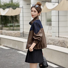 海宁皮衣牛仔拼接立领外套女2025秋新款宽松休闲百搭时尚夹克上衣，女装皮衣，潮流依族