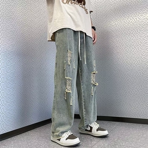 抽绳破洞牛仔裤男夏季美式vibe裤子高街潮牌宽松阔腿裤RK703-P45图片