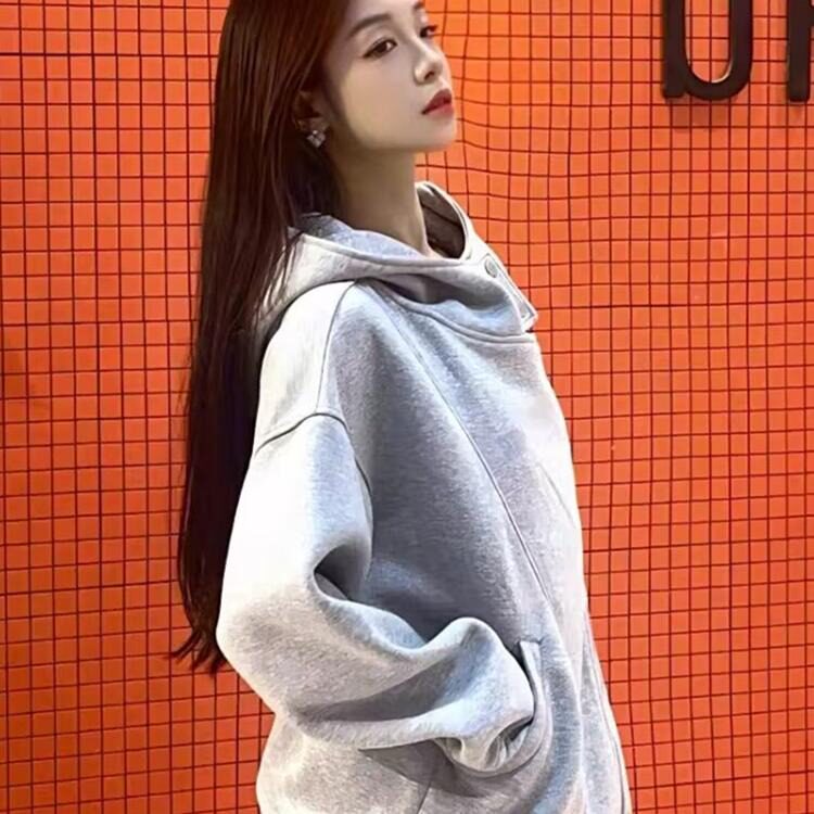 美式慵懒风双拉链连帽卫衣外套女秋季设计感宽松休闲百搭开衫上衣,女装短外套,星座1210-1