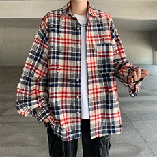 秋款男条纹格子衬衫破洞宽松长袖衬衣外套CS36P45，男装衬衫，星座1013-1