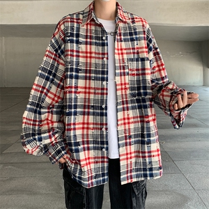 秋款男条纹格子衬衫破洞宽松长袖衬衣外套CS36 P45图片