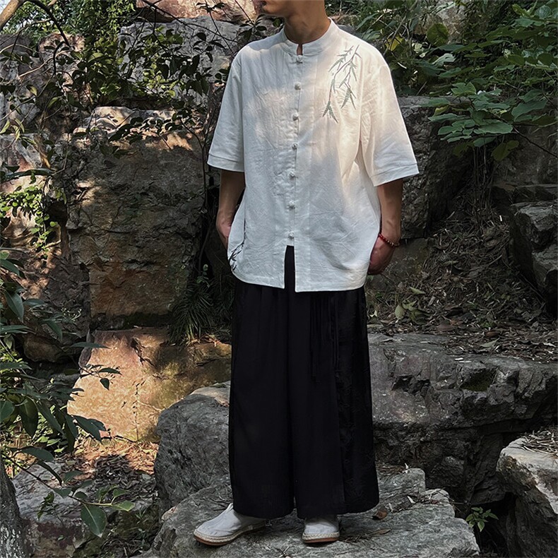 现货新中式男士大码立领盘扣棉麻衬衫MT2308-P65,男装衬衫,电商A021