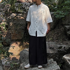 现货新中式男士大码立领盘扣棉麻衬衫MT2308-P65，男装衬衫，电商A021