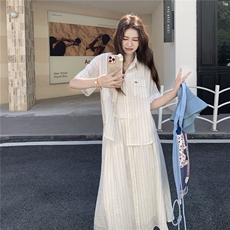 韩系休闲条纹套装裙女2025夏季新款时尚减龄短袖衬衫半身裙两件套，女装套装/套裙，2C176