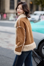 时尚羊羔毛拼接皮毛一体外套女2025冬季小个子加厚保暖鹿皮绒棉服，女装羊羔毛/颗粒绒，涵墨