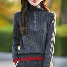 女士秋冬坑条半开双领套头长袖羊毛衫，女装羊毛衫，暖烁羊绒