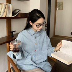 韩系小清新减龄撞色条纹衬衫男女春秋独特别致彩色扣休闲衬衣，男装衬衫，星座1210-1