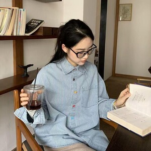韩系小清新减龄撞色条纹衬衫男女春秋独特别致彩色扣休闲衬衣图片