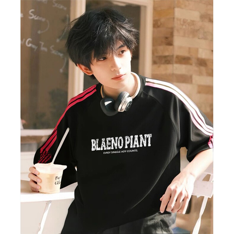 抖音得物品质二开240克宽松纯棉美式潮牌印花三条杠中性风短袖T恤，男装T恤，电商A486-1