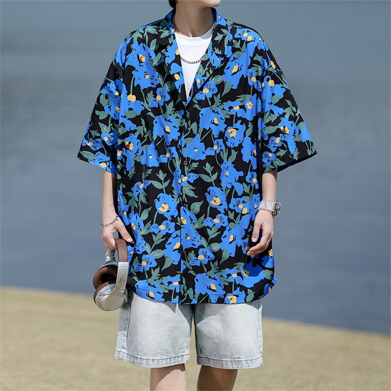 8XL-M冰丝凉感衬衣垂感透气复古花纹宽松男五分袖短袖衬衫CS526,男装衬衫,电商D206-1