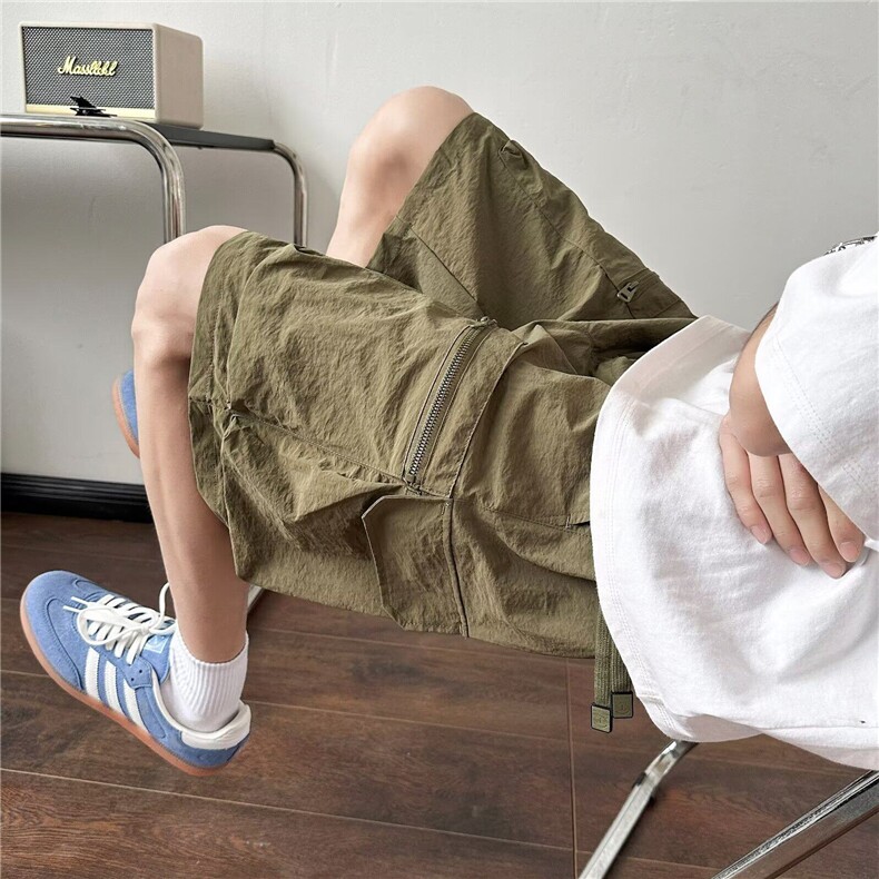原宿新款潮流气质工装褶皱尼龙大口袋五分休闲裤男无品牌慵懒文艺，男装工装外套，星座506
