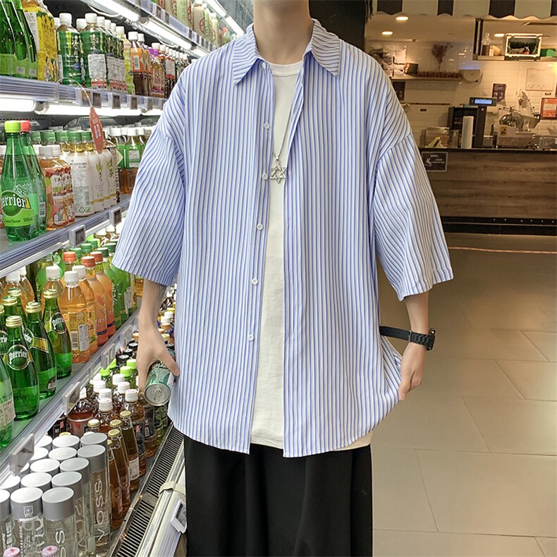 2025男装春夏新款港风条纹短袖衬衫上衣D201-DM93-P40,男装T恤,电商D321-1