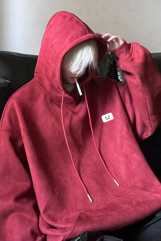 麂皮绒秋季新款笑脸小标宽松落肩连帽卫衣JK23340特批43控69,男装卫衣,星座605(原A050)