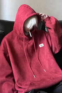 麂皮绒秋季新款笑脸小标宽松落肩连帽卫衣JK23340特批43控69图片