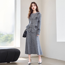 重工艺现货！秋季新款宽松时尚重工艺圆领亮片温柔气质三件套裙女，女装套装/套裙，宝儿家