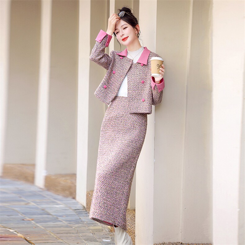 【新款现货】2024年冬季新款法式小香气质撞色双排扣两件套20毛,女装套装/套裙,奕薇雅