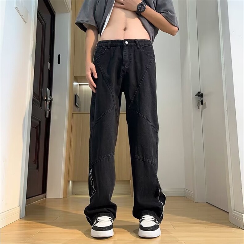 修身显瘦拉链牛仔裤男复古做旧微喇裤子拼接设计感直筒裤9952/P52,男装牛仔裤,星座506