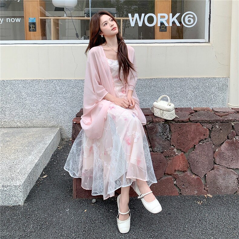《现货26夏上新》重工蕾丝拼接刺绣吊带仙女裙天丝披肩防晒连件套,女装连衣裙,苗苗