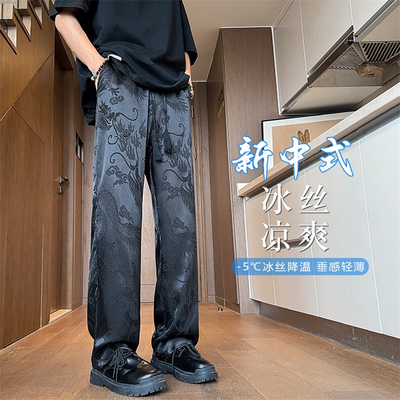 特批P35无差价夏季新中式龙纹印花阔腿裤冰丝风拖地长裤男K1396图片