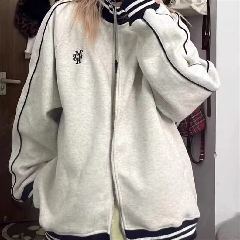 美式灰色立领拉链卫衣外套男女春秋季设计感宽松秋冬棒球服开衫图片