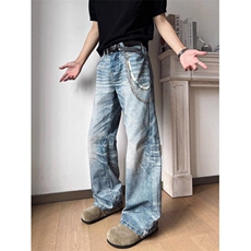 美式复古直筒牛仔裤男潮流痞帅cleanfit休闲直筒裤子LN60877-P55，男装牛仔裤，星座1008