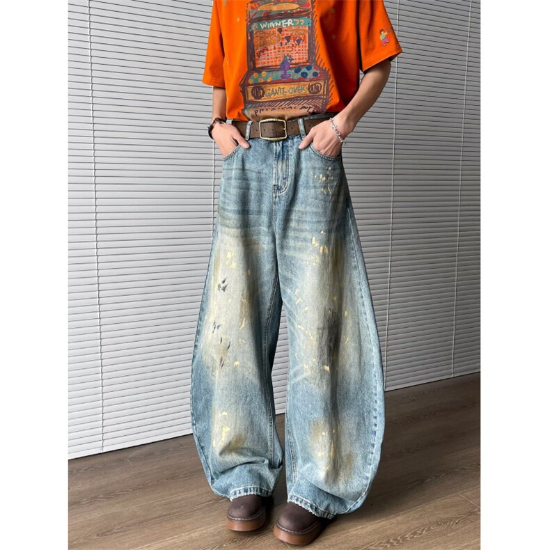 美式高街设计感泼漆涂鸦阔腿牛仔裤男秋季复古做旧废土风拖地裤，男装牛仔裤，星座516A