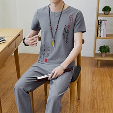 夏季亚麻套装男士棉麻唐装短袖男潮牌复古潮夏天两件套TZ022-P50，男装T恤，星座509